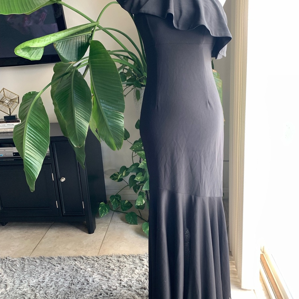 Black Ruffled Gown with One Shoulder and Flutter Sleeves
